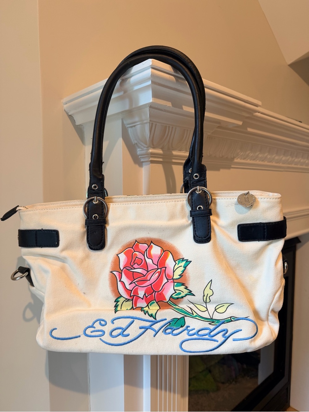 Ed Hardy Cream Canvas Rose Tote with leather  Black Handles